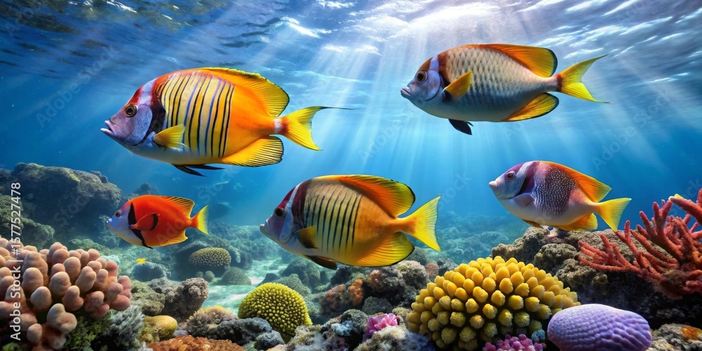 Fototapeta premium Vibrant Reef Inhabitants Swimming Gracefully Amidst Colorful Coral and Sunbeams
