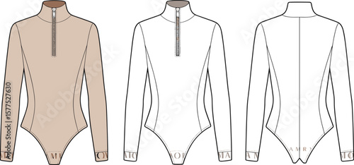 Long sleeve bodysuit technical flat, mockup design vector, women’s fashion template, half zip front, apparel sketch, garment back view.