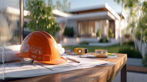 Construction Site Tools with Hard Hat and Blueprints in Bright Area
