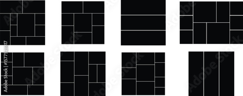 Grid and collage layout vector icons set, photo frames, mosaic, and template collection, solid graphic group, editable design elements for creative, web, and decorative projects
