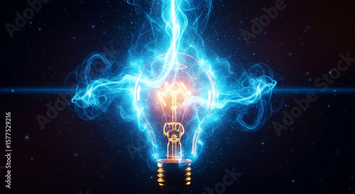 Light bulb energy concept with blue lightning and sparks on dark background