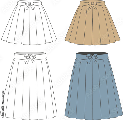 Pleated skirt vector template, girls fashion sketch, front view design, waistband bow detail, short and long version, flat drawing illustration.