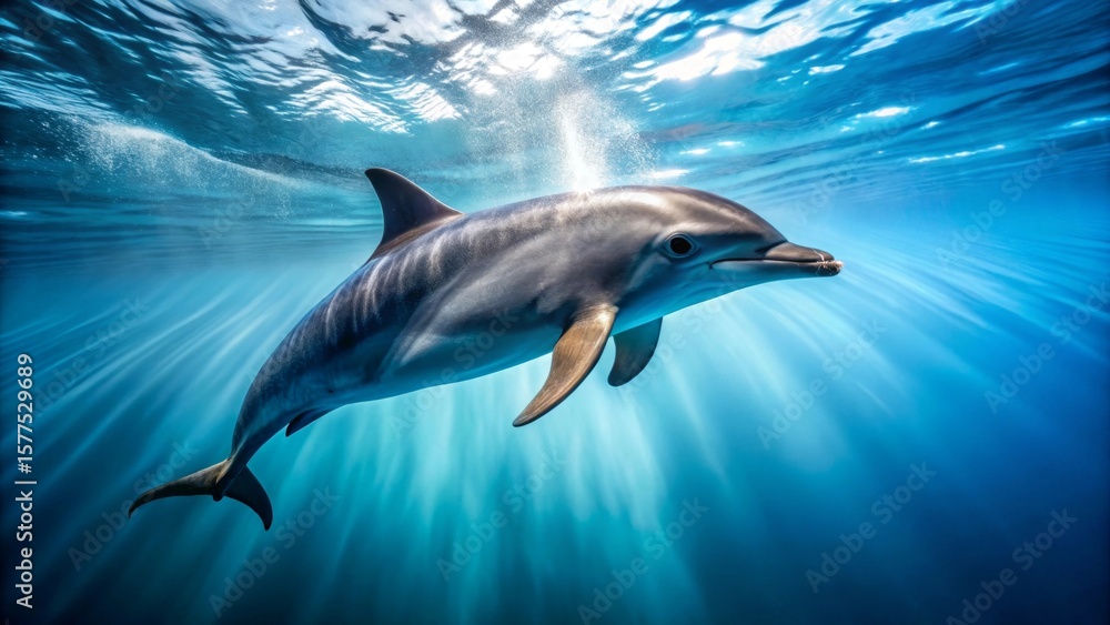 Fototapeta premium Graceful marine mammal swimming in vibrant ocean depths, sunlight beams illuminating its sleek form