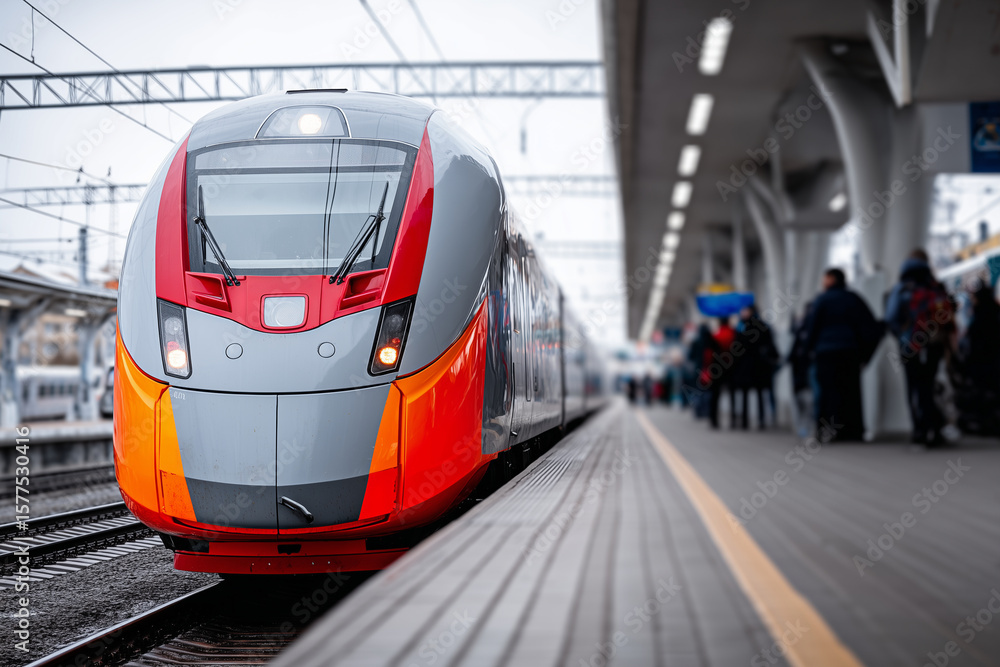 Fototapeta premium Electric high-speed train arriving at station, commuters waiting on platform, emphasizing electrified long-distance public transport and efficiency