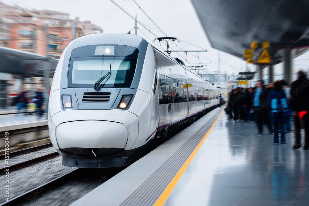 Fototapeta premium Electric high-speed train arriving at station, commuters waiting on platform, emphasizing electrified long-distance public transport and efficiency