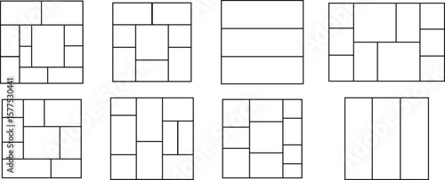Grid and collage layout vector icons set, photo frames, mosaic, and template collection, outline graphic group, editable design elements for creative, web, and decorative projects