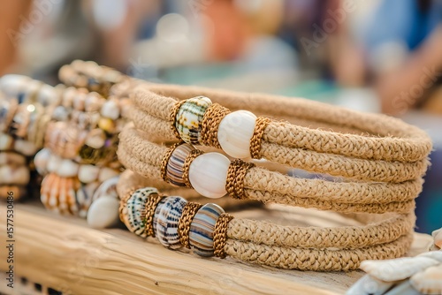 Artisanal bracelets made of jute and shells being sold at a local fair 
