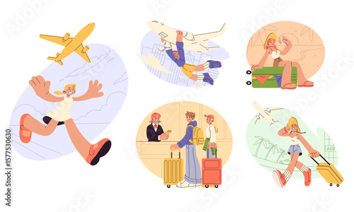 Tourist travel. Happy vacation. Family packing luggage for plane. Summer tourism journey. Character on airplane. People voyage. Traveler trip. Airport terminal. Air flight concept. Vector illustration