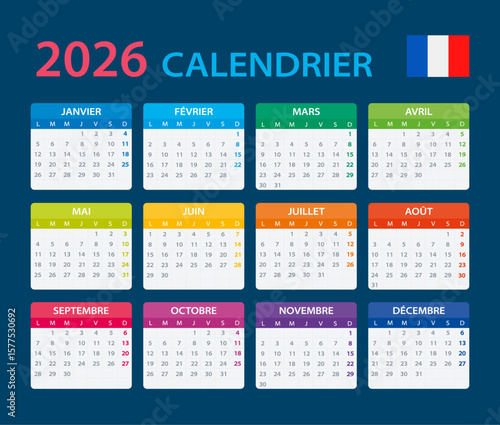 2026 Calendar - vector template graphic illustration - French version