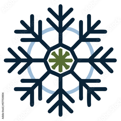Simple snowflake element in navy and green for winter designs and holiday themes. Decorative snowflake element brings minimalist style and modern charm to seasonal projects.