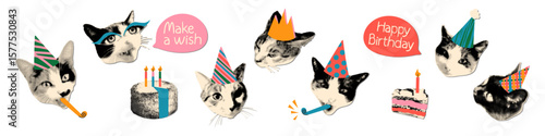 Happy birthday halftone art collage cut out set. Cat heads in party hats and crown, party blower, birthday cake with candles, speech bubbles Modern retro vector illustration for fun mixed media design