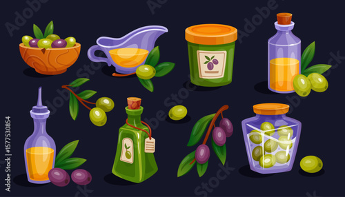 Olive oil. Cooking Greek salad with green berry. Branch with leaves, olive bottle. Butter, fat liquid from Greece. Mediterranean food condiment, vegetarian icon for food game. Vector tidy cartoon set