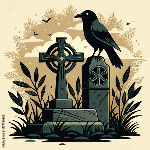 A lone black crow perches on a tombstone in a cemetery with a celtic cross