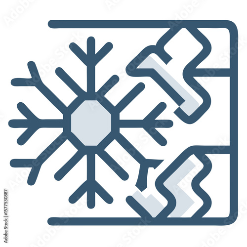 Snowflake icon with frosty ice chunks around, minimal illustration of snowflake icon. Detailed composition shows wintry elements.