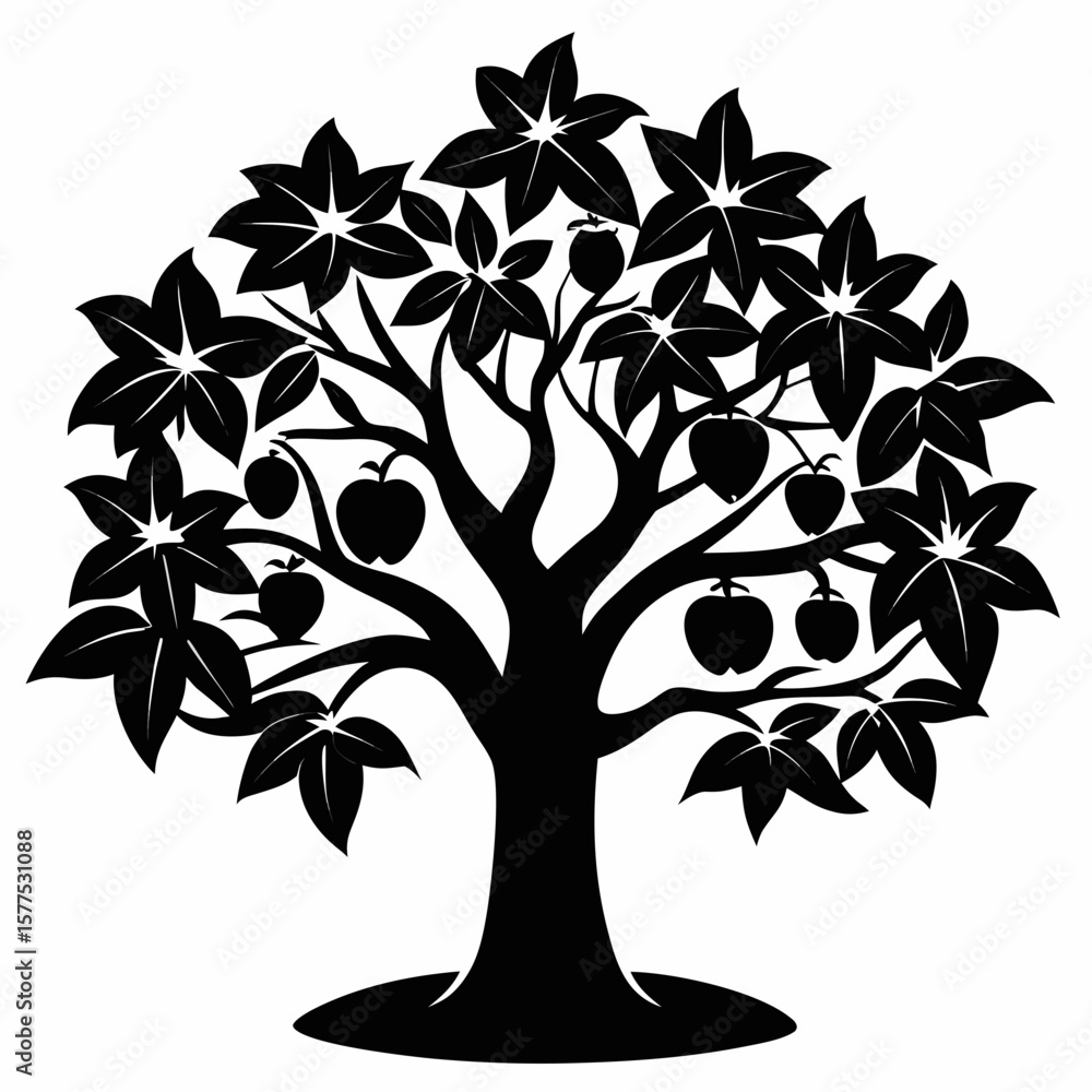 Obraz premium Guava tree silhouette creates a stark black vector of nature's beauty.