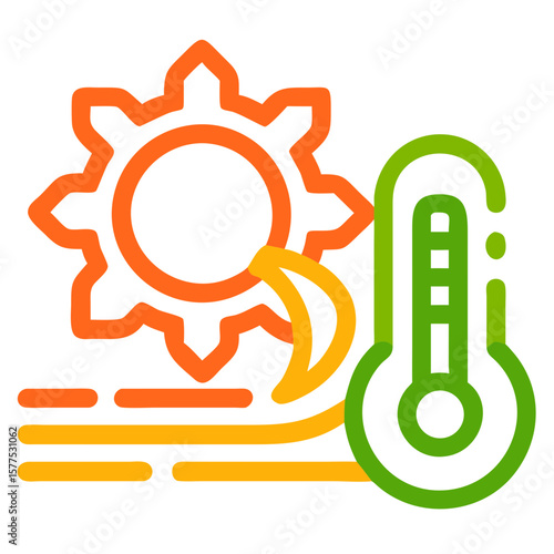 Sunny weather depicted with sun and thermometer icons showing heat. Sunny weather icons suggest warm temperatures with simple shapes and bright colors. Present sunny weather for forecasts,