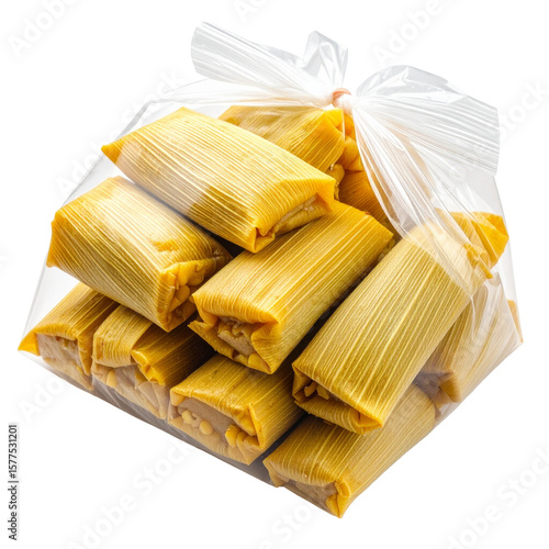 Golden yellow tamales in transparent bag food photography