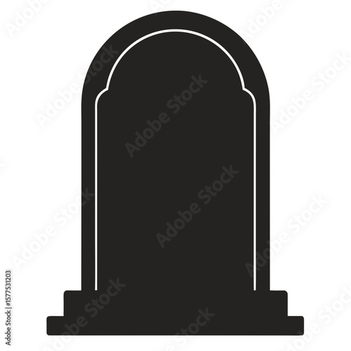 Simple black silhouette of an arched tombstone with a white outline on a white background