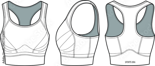 Sports bra flat sketch, front side back view, technical fashion drawing for women activewear, vector apparel illustration for design template.