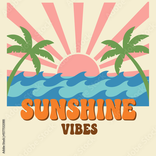 Here comes the sun. Summer vibes artwork. Sunshine paradise graphic print design. Surf club design. Beach modern abstract art. Ocean abstract wave.
