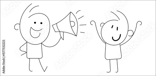 Two stick figure children showing cross and tick signs – cartoon style hand-drawn on transparent background representing choice, approval, rejection, decision-making, and judgment themes.
