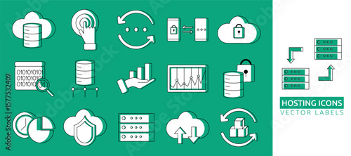 Big data line icons. Cloud storage. Analysis database. Communication pictograms. Tech symbols for mobile interface. Business server network chart. Web hosting technology. Vector garish UI signs set