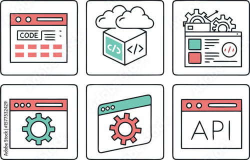 Six flat icons for web dev tools, each inside a square frame code brackets, server, browser window, cloud deploy, API, terminal. Minimal techy color palette in grid format.