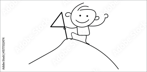 Cartoon stick figure child standing on a mountain peak with triangle flag – transparent background illustration for leadership, achievement, goals, and personal success concept.
