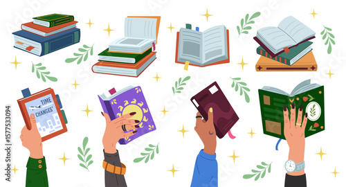 Reading concept, books in hand. Study paper, handbook, education cartoon. School symbol, university knowledge. Library to read. Dictionary and encyclopedia stack. Vector set learning tidy illustration