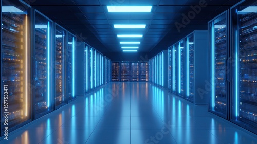 Server room with neon blue lighting