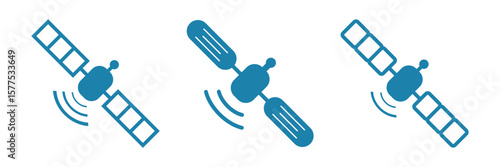 Blue Communication Satellite Icon with Solar Panels and Emitting Signal Waves