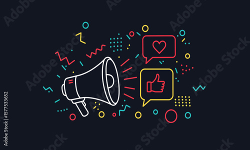 Marketing, Promotion, and Social Media Engagement Vector Illustration – Megaphone with Likes and Love Notification Bubbles