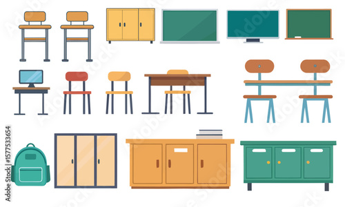Set of cartoon furniture icons for home office and interior design