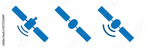 Blue Communication Satellite Icon with Solar Panels and Emitting Signal Waves