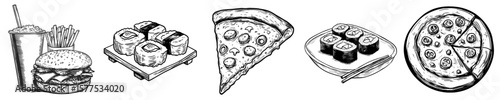 Black and white illustrations of various fast food items, vector icons in sketch style food and drinks