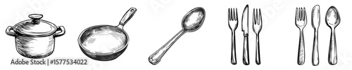 Kitchen utensils in black and white, vector icons in sketch style food and drinks