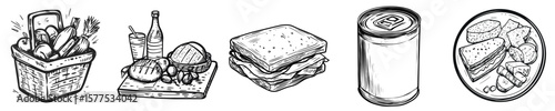 Sketches of food items in black and white, vector icons in sketch style food and drinks