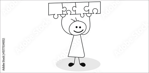 Child lifting puzzle pieces, minimal line drawing about problem-solving and intelligence in childhood – great for educational content or logical thinking illustrations.
