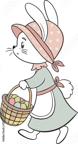 Vintage Easter Bunny in Polka Dot Bonnet and Dress Carrying Basket of Colorful Eggs Cute Spring Illustration for Holiday Greeting Cards and Seasonal Decorations