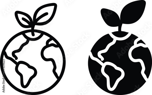 Eco Earth Globe Icon with Leaf Vector, Sustainable Planet Outline and Solid Symbol