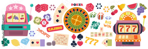 Casino icon. Cartoon slot machine. Poker cards. Roulette chips. Lucky dice. Gamble games. Jackpot symbols doodle. Gaming symbols. Mahjong and lottery. Gambling win. Bright play vector elements set