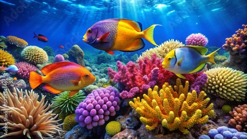 Vibrant Reef Scene Colorful Fish and Corals in a Sunlit Underwater Paradise