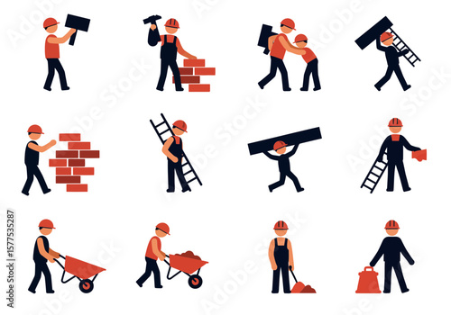 Construction icon set featuring builders at work, showcasing different tasks and equipment with a clean, symbolic design