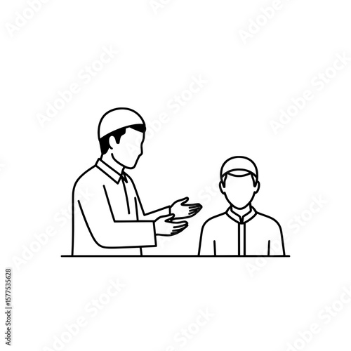 Line art depiction of two people having a conversation