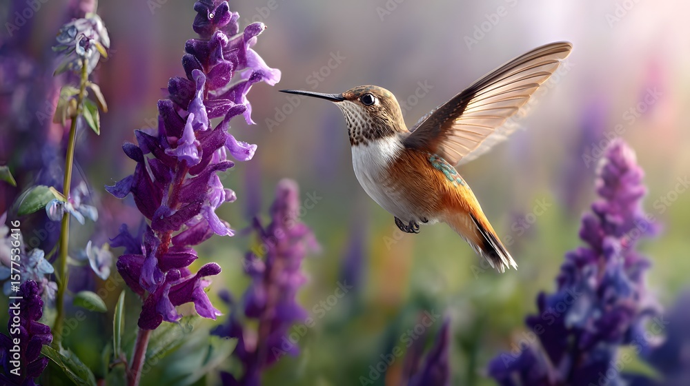 Fototapeta premium Vibrant Hummingbird Feeding on Purple Flowers in Sunlit Garden