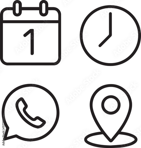 Date, Time, clock, calendar, place, address, event, agenda, location, map pin, month, year line art vector illustration