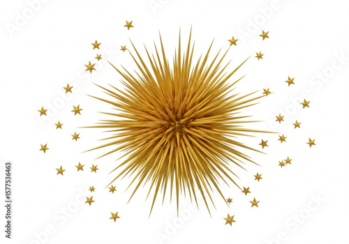 Golden starburst explosion with scattered smaller stars on a white background