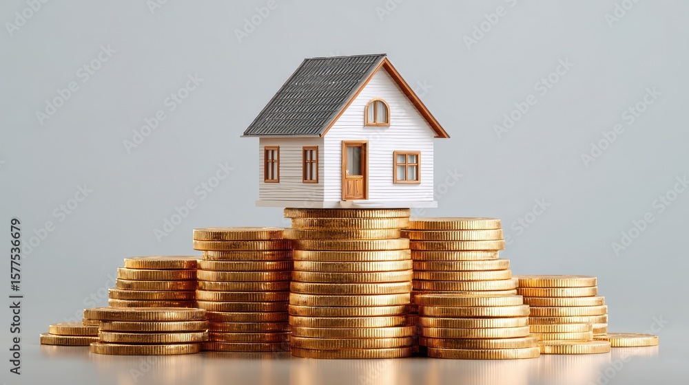 A model house sits atop a stack of gold coins, symbolizing real estate investment and financial growth. A model house sits atop a stack of gold coins, symbolizing real estate investment and financial growth.