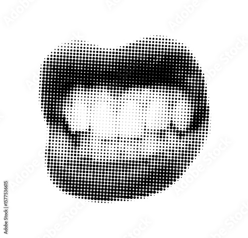Mouth halftone. Pop art. Newspaper woman lips. Angry grin teeth. Doodle dotted facial part. Vintage paper sticker. Y2k newsprint cutout kiss. Dotted magazine label. Vector retro face grunge element