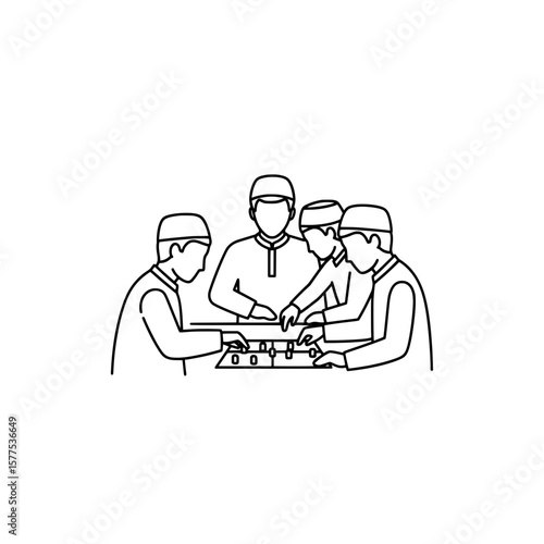 Men playing carrom game in traditional attire indoor